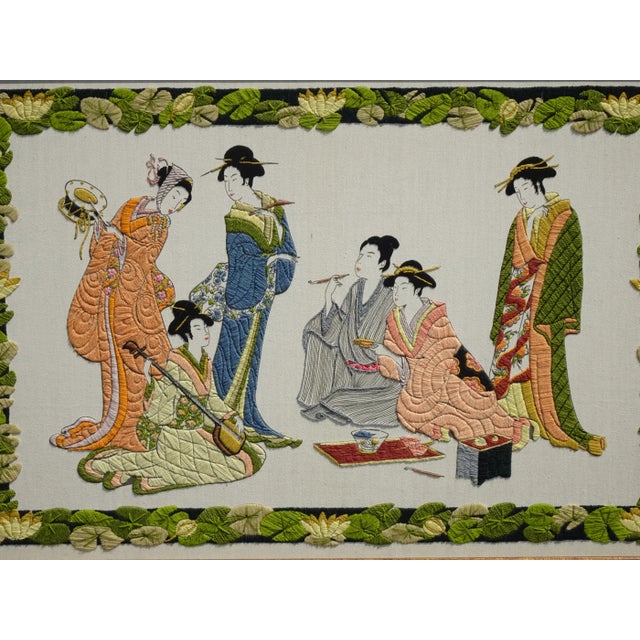 1970s Vintage Five Oriental Asian Women Musical Scene Embroidered Picture Wall Hanging For Sale - Image 5 of 12
