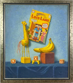 1980s "Ode to Boy" Still Life Oil Painting by Warren Prindle, Framed