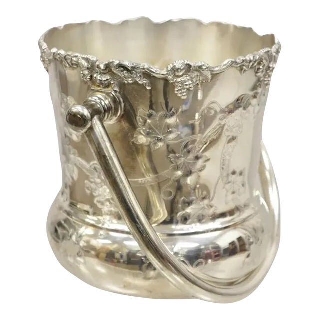 Antique Bscep English Victorian Silver Plated Grapevine Ice Bucket With Handle For Sale