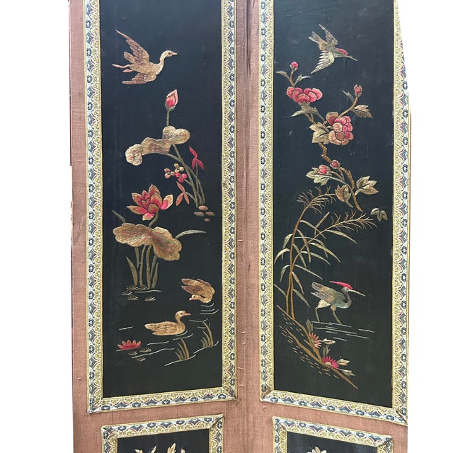Vintage Black Fabric Flower Birds Table Top Folding Screen Art For Sale In San Francisco - Image 6 of 8