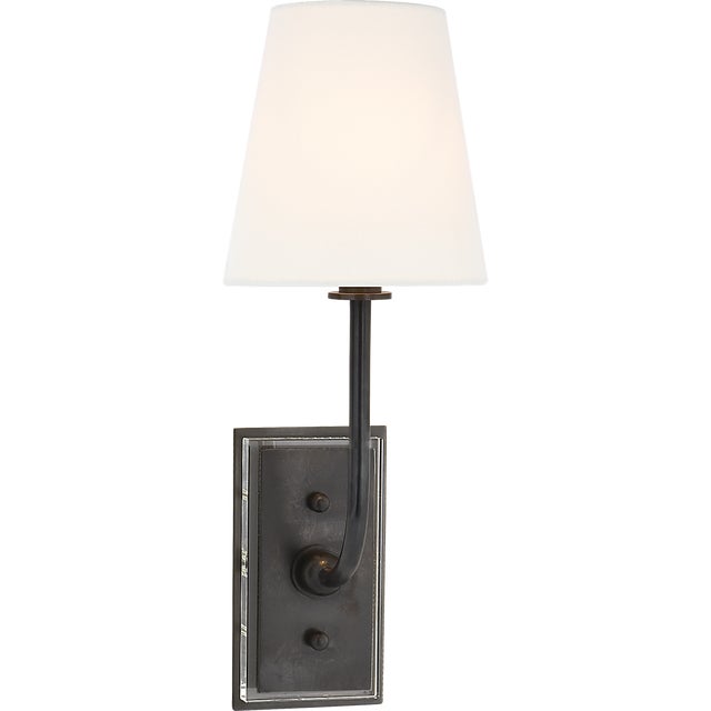 Thomas O'Brien for Visual Comfort Signature Hulton Sconce in Bronze with Crystal Backplate with Linen Shade For Sale