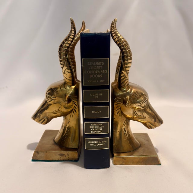 Mid-Century Modern 1970s Solid Brass Ibex Gazelle Bookends -a Pair - Styled After Karl Springer For Sale - Image 3 of 9