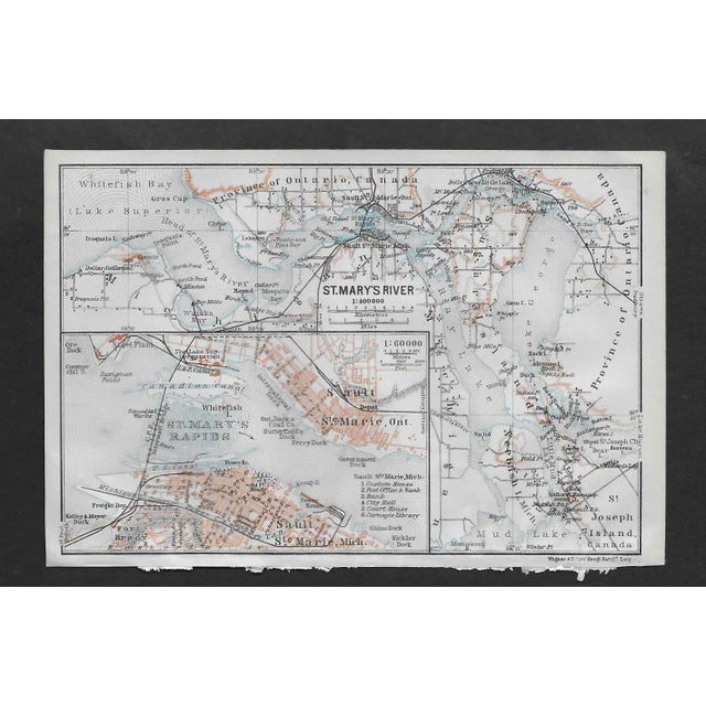 St. Mary's River map from a 1909 travel guide of North America depicting Sault Ste. Marie, MI and Ontario, Canada and the...
