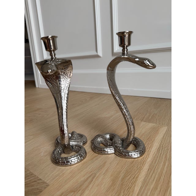 1930s 1930s Egyptian Revival Bronze Candlesticks/Taper Candle Holders, Newly Nickel Plated – Exquisitely Detailed Sculptural Pair For Sale - Image 5 of 11