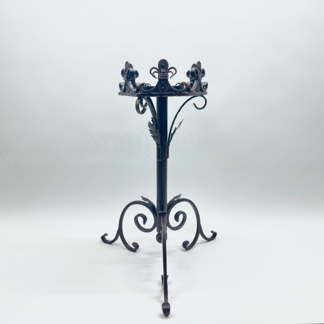 Black Hand Forged Iron Pedestal Stand 32″ (82cm) Antique Copper Patina Fleur-de-Lis Plant Holder & Pillar Candle Stick Rustic Decor For Sale - Image 8 of 10