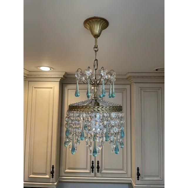 1920s French Gold Pendant Chandelier With Blue Raindrop and Crystals For Sale - Image 9 of 9
