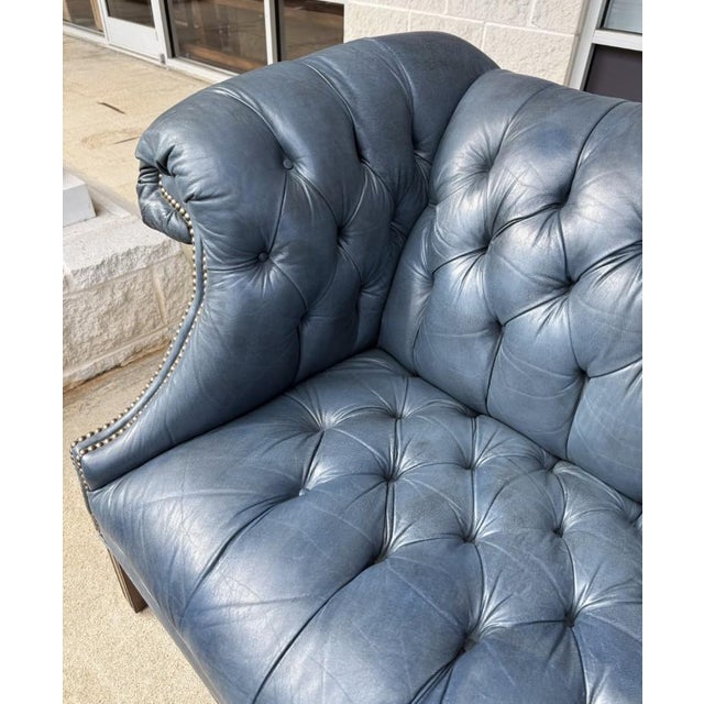 Vintage Blue Leather Camelback Chesterfield Sofa For Sale - Image 10 of 18