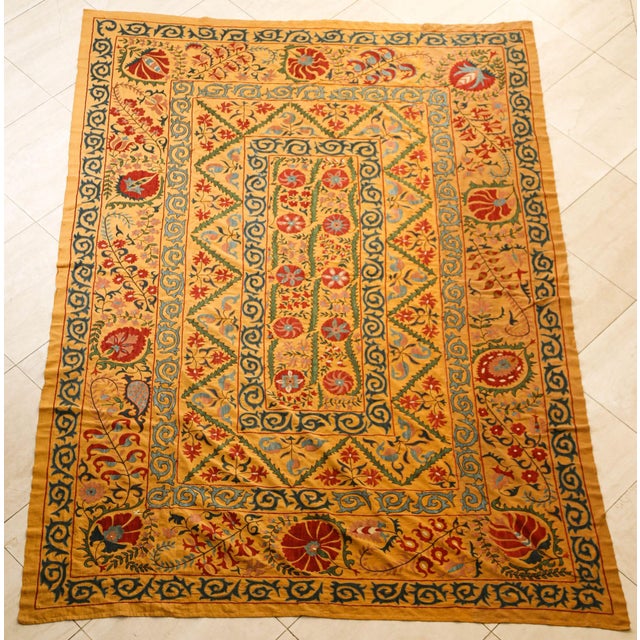 Large Vintage Embroidered Uzbek Suzani Yellow Blue Red For Sale - Image 12 of 12