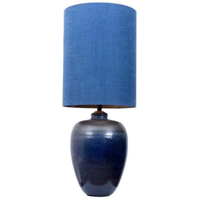 Large Ceramic Table Lamp with Silk Lampshade, 1960s For Sale