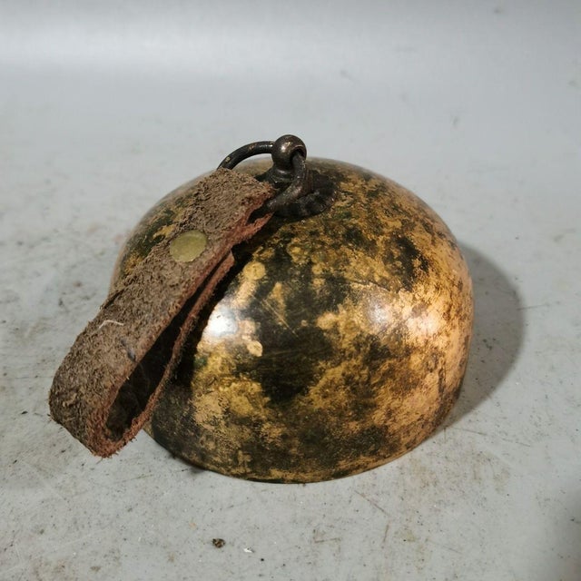 Vintage Tibetan Bronze Temple Bell With Leather Hanging Strap, Asian Meditation Decor For Sale - Image 4 of 10