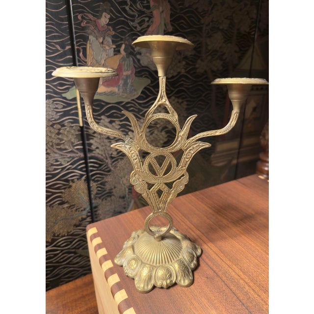 Antique Art Nouveau Period Pair of Neoclassical Three-Light Candlesticks, Gilt Brass or Bronze, Continental Europe, C. 1900 For Sale - Image 4 of 12