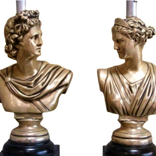 1950s Mid Century Modern High Style Hollywood Regency God & Goddess Pillar Table Lamps - a Pair For Sale - Image 4 of 7