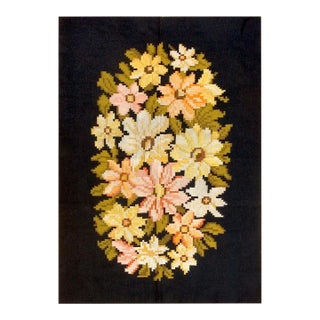 1900s Black Floral Art Deco Antique European Besserabian Rug 5'0" X 7'0" Flatweave Cotton Carpet For Sale