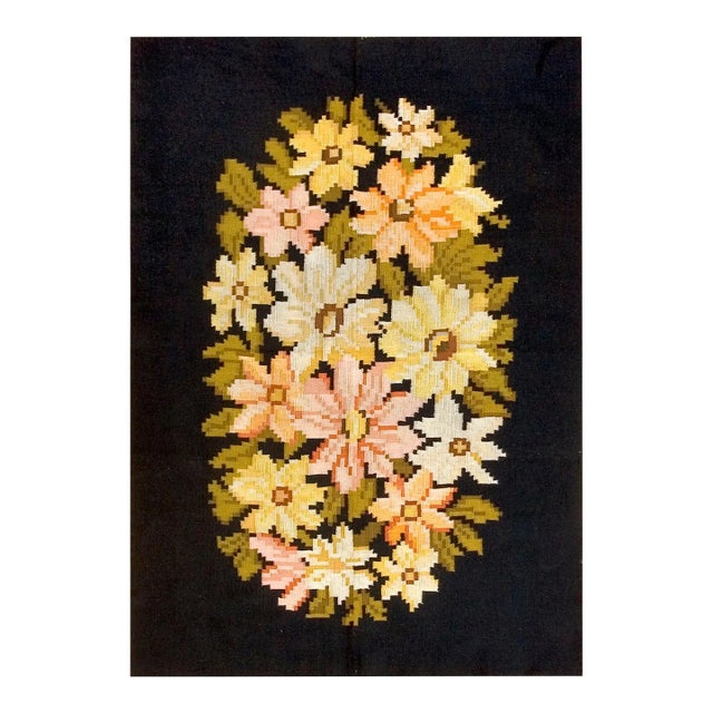 1900s Black Floral Art Deco Antique European Besserabian Rug 5'0" X 7'0" Flatweave Cotton Carpet For Sale