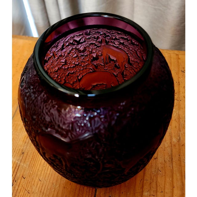 For your consideration, is this beautiful Lalique Amethyst glass with deer in woods. etched signature on bottom.