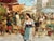 Traditional oil on canvas by Giuseppe Pitto depicting a beautiful young woman in a street market; she stands out from the...