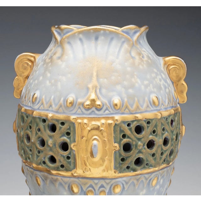 Amphora Art Nouveau Vase, c.1900, Pierced Blue-Green & Gilt, 13.25-Inch For Sale In Las Vegas - Image 6 of 7