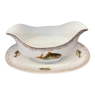 Set of 2 1920s Royal Vienna Gravy Boat With Underplate Fish Early Mark For Sale