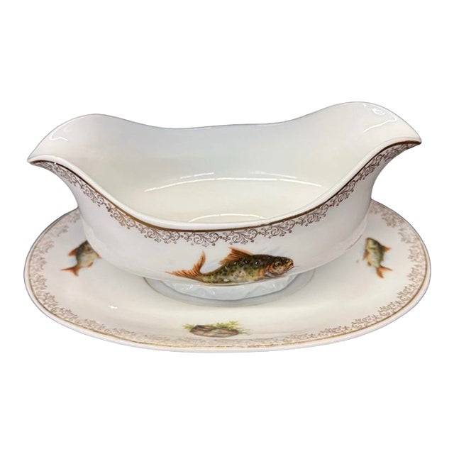 Set of 2 1920s Royal Vienna Gravy Boat With Underplate Fish Early Mark For Sale