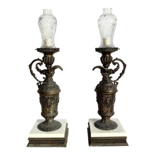 Antique French Bronze Ewer Converted Oil Lamps With Crystal Tops - A Pair For Sale