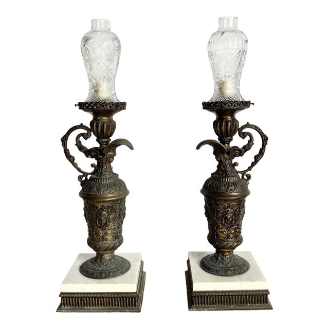 Antique French Bronze Ewer Converted Oil Lamps With Crystal Tops - A Pair For Sale