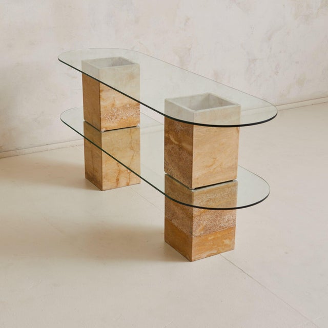 1970s Italian Two-Tier Pill Shaped Glass + Travertine Console, 1970s For Sale - Image 5 of 8