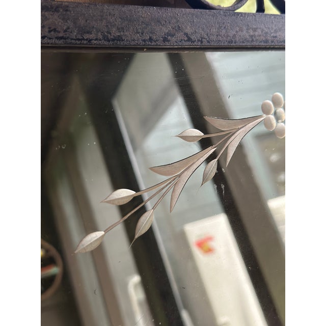 Metal Art Nouveau French Style Cast Iron Wall Mirror With Applied Brass Rosettes & Beveled Etched Glass For Sale - Image 7 of 12