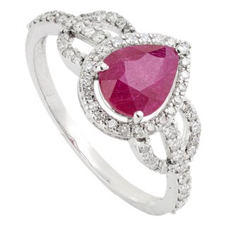 Natural 1.4ct Ruby & Diamond Halo Cocktail Ring Size 9 in 14k White Gold For Sale