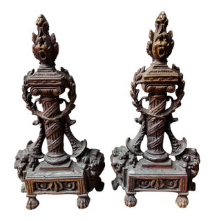 1920s French Styled Ornate Brass Andiron Pair For Sale