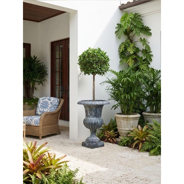 Verdigris Classic Neoclassical Cast Iron Garden Urn With Distressed Bronze Finish For Sale - Image 8 of 12