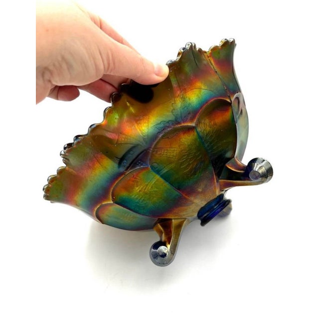 Victorian Vintage Fenton Blue Carnival Glass Chrysanthemum & Windmills 3-Footed Bowl For Sale - Image 3 of 11