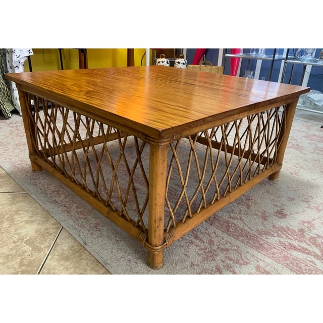 Wood Vintage Philippine Rattan & Bamboo Lattice Coffee Table – 32” Square For Sale - Image 7 of 7