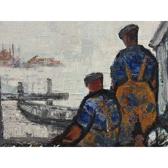 Mid-century Oil Painting by Danish Artist Anker Landberg, titled "Fishermen" Offered for sale is a framed oil on canvas...