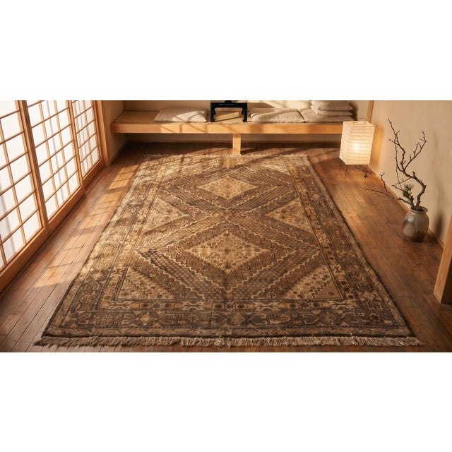 Camel 1930s Tan Camel Medallion Antique Chinese Khotan Rug 6'9" X 12'5" Handknotted Wool Carpet For Sale - Image 8 of 10