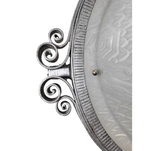 1930s Hand Forged Silver Painted Iron + Art Glass Chandelier With Scroll Design- Schneider For Sale - Image 10 of 12