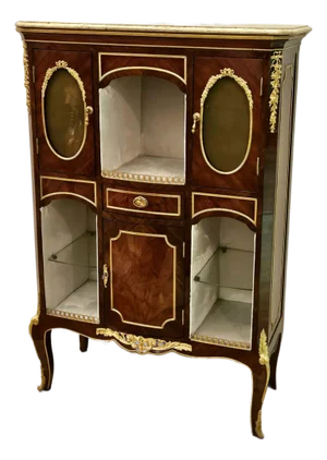 Louis XV Style Display Cabinet With Marble Top, Glass Shelves & Gold Bronze Accents