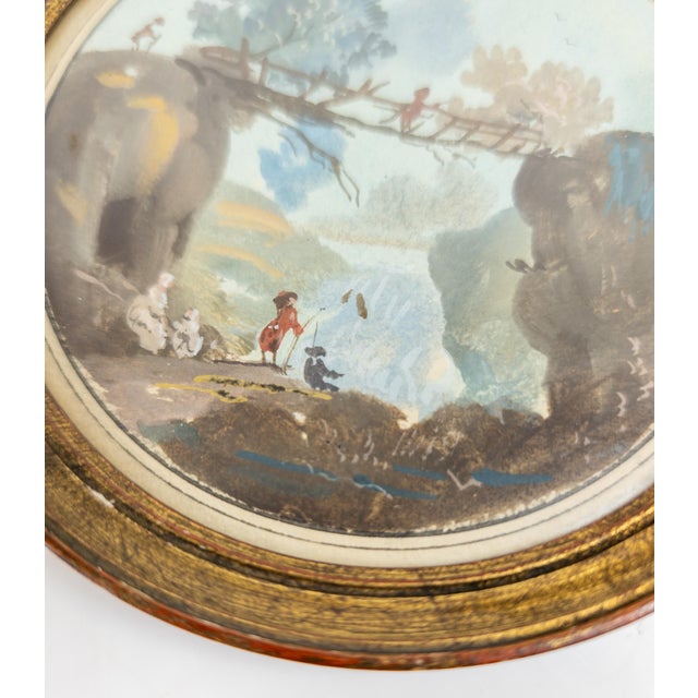 Sky Blue 19th Century Pair of French Miniature Gouache & Watercolor Landscape Paintings For Sale - Image 8 of 12