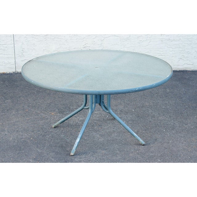 Metal Mid Century Modern Round Glass Top Outdoor Patio Table For Sale - Image 7 of 12