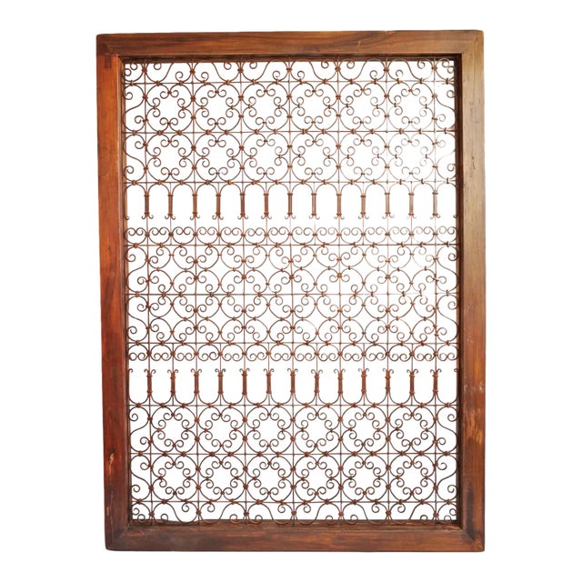 Vintage Large Wood Framed Open Iron Screen For Sale