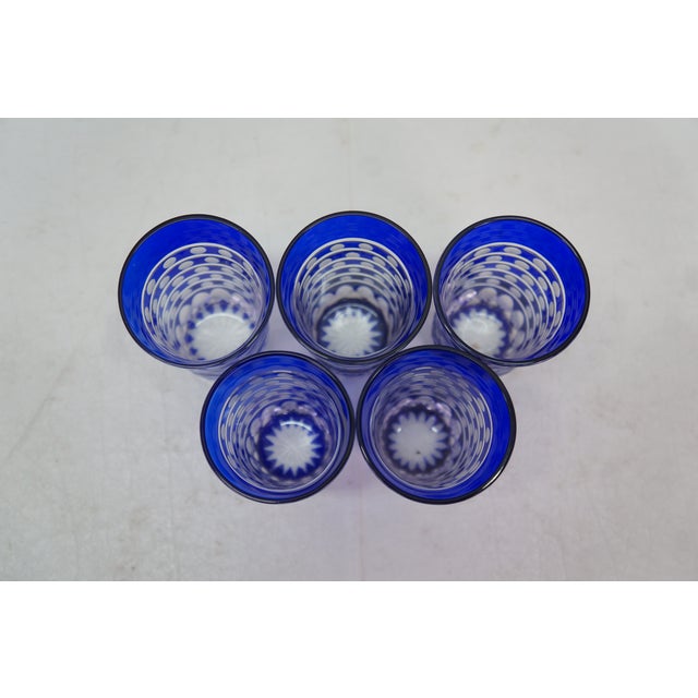 Late 20th Century Late 20th Century Bohemian Blue Cut to Clear Crystal Polka Dot Shot Glasses Tumblers - Set of 5 For Sale - Image 5 of 11