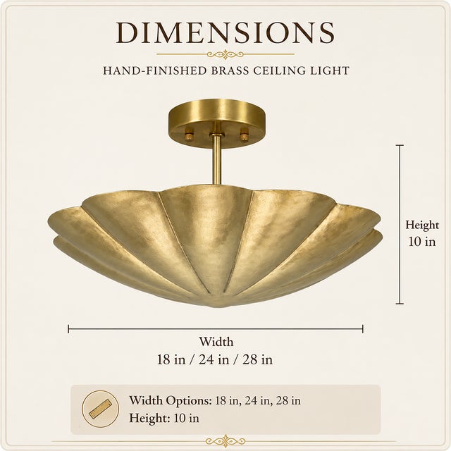 Scalloped Brass Semi Flush Mount Ceiling Light, Hand-Finished Art Deco Fixture For Sale - Image 6 of 10