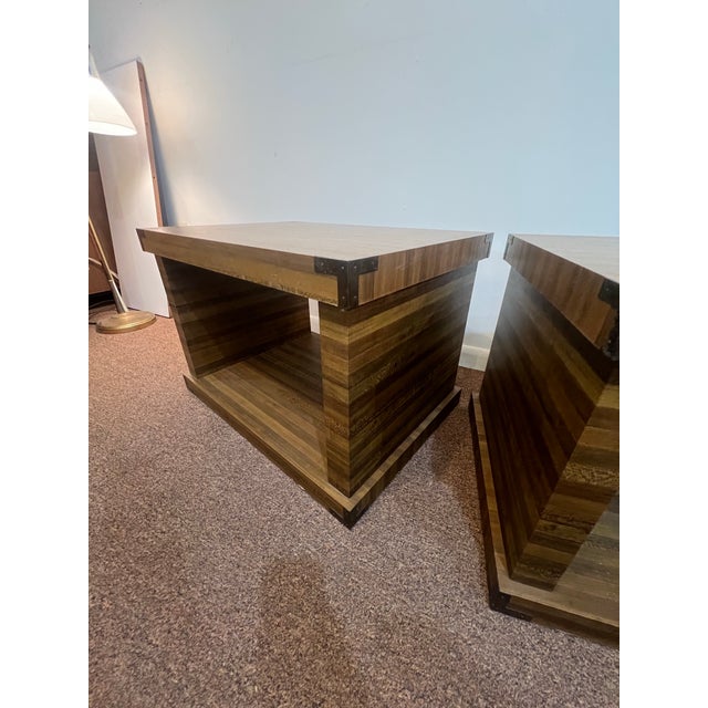 Brown 1970s Set of Two Postmodern Cube Side Tables With Brass Corner Brackets For Sale - Image 8 of 12