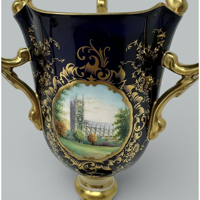 Antique Pair English Coalport Three Handle Loving Trophy Cups Porcelain Urns For Sale - Image 6 of 18