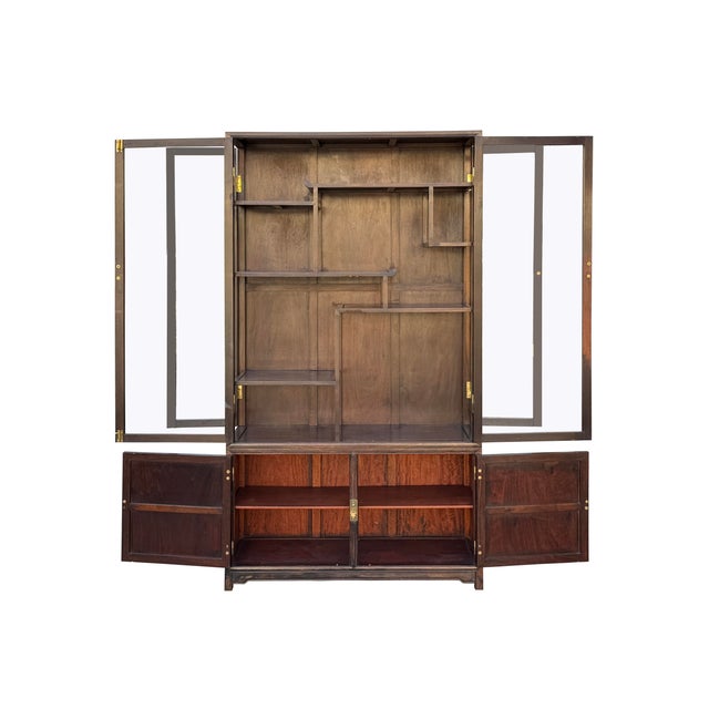 1960s Vintage Dark Brown Oriental Treasure Glass Doors Display Curio Stack Cabinet For Sale - Image 5 of 12