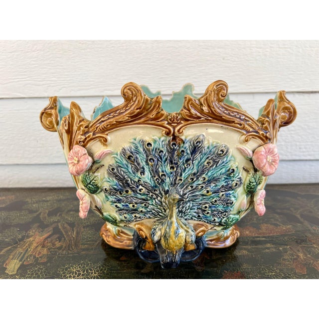 Antique French Majolica Jardinière Planter Peacock Onnaing Large Cache Pot C1880 For Sale - Image 9 of 18