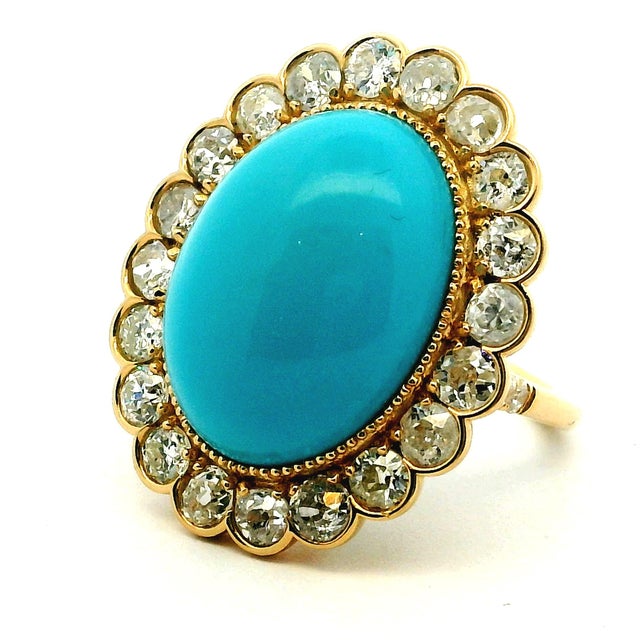 Turquoise Antique 18k Gold Turquoise & Diamond Halo Ring, Size 6.75 For Sale - Image 8 of 10