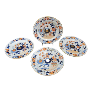 19th Century Georgian Masons Ironstone Imari Japan Basket 9 1/2' Luncheon Plate Set of 4