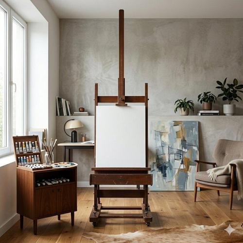 Large walnut-stained beech easel. Brass joints, two opposing side drawers in the painting support. Italy, early 20th...