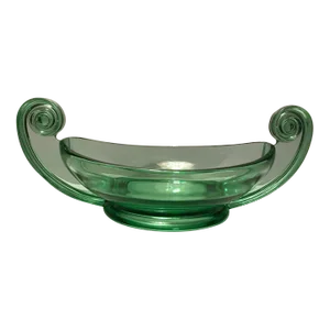 Vintage Fostoria Green Uranium Glass Scroll Handle Centerpiece Bowl