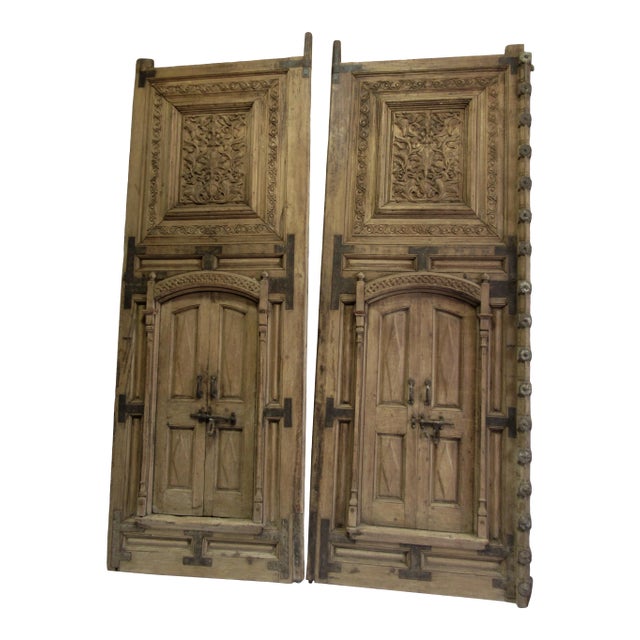 Vintage C1870's - C.1910's Imported Moroccan Large Hand Honed and Carved Wood & Iron Forged Doors - a Pair For Sale